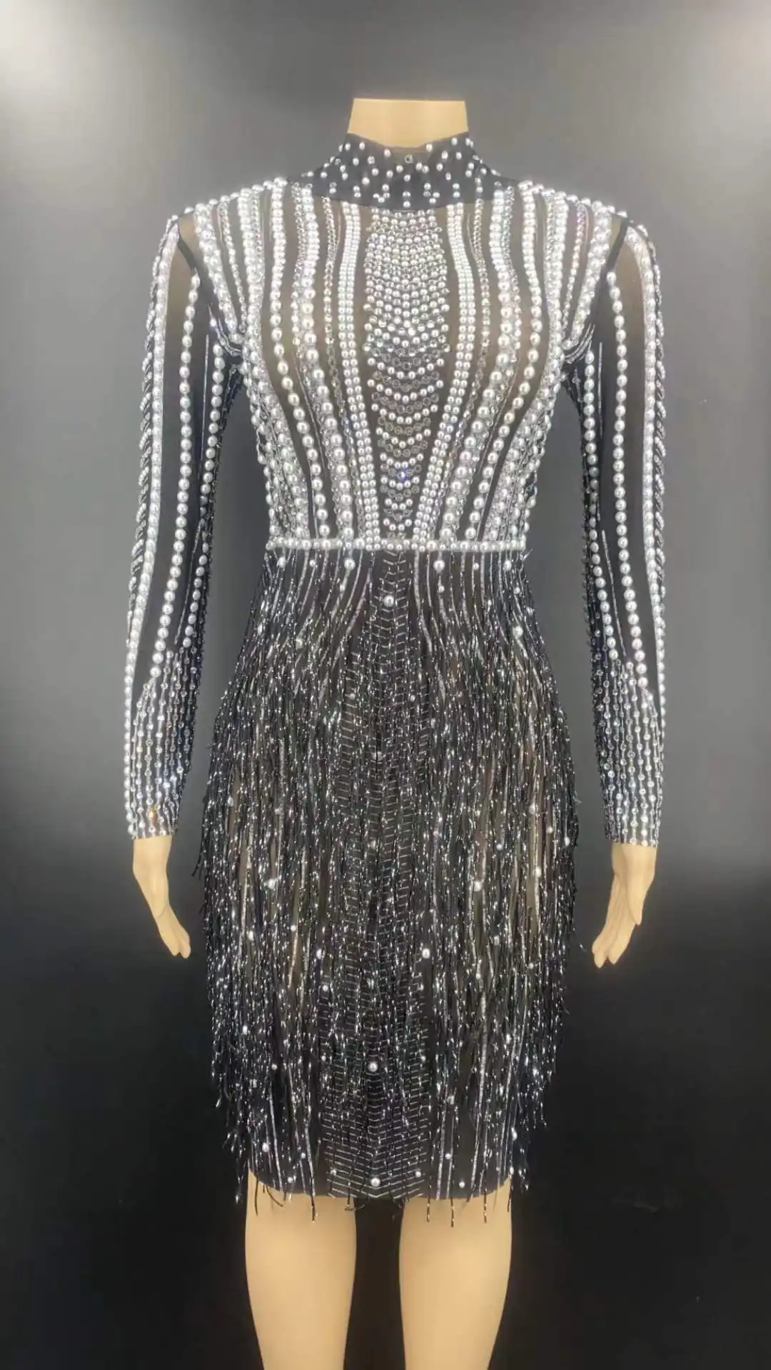 2022 Spring Fashion Evening Ladies Dress Long Sleeve Luxury Rhinestone Heavy Beaded Tassel High Waist Midi Party Dress