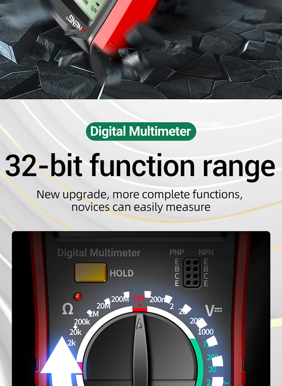 ANENG DT9205A Multifunktionales Digitalmultimeter mit 1999 Zählungen, Summer, Dioden- und Transistortest, Universalmessgerät für Elektriker – Detail 7