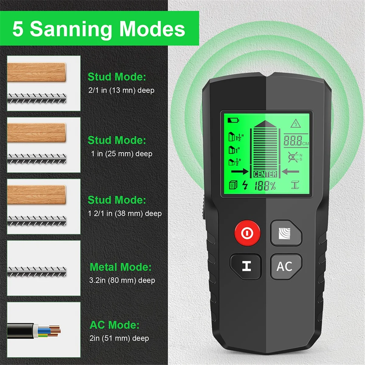 Détecteur de Clous Muraux 5 en 1 avec Écran LCD Noir, Scanner Électronique pour Bois et Métal