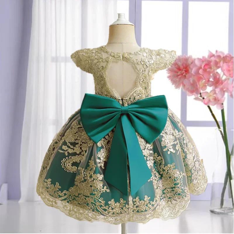 Elegant Girls Dress Luxury Golden Vintage Formal Gown Princess Embroidery Dresses for Girl Baby Wedding Baptism Party Lace Dress