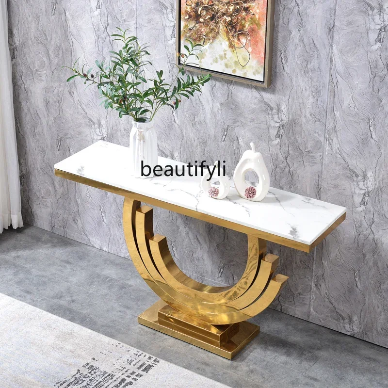 183ff Light luxury entrance table stainless steel titanium creative entrance cabinet marble entrance table against the wall