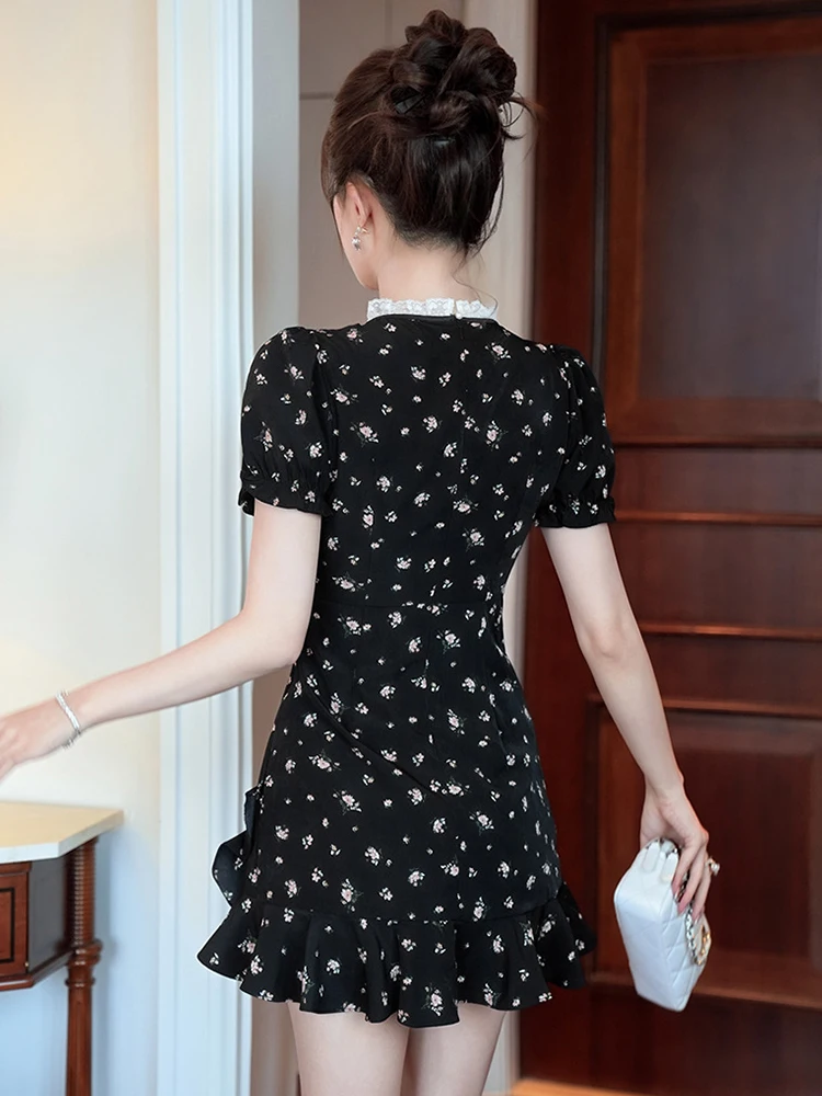 フレンチコーヒーブレイクレースパッチワーク黒花柄ドレスガーリッシュかわいいかわいい弓ショートガウン女性ストリートデート Vestidos 日常着