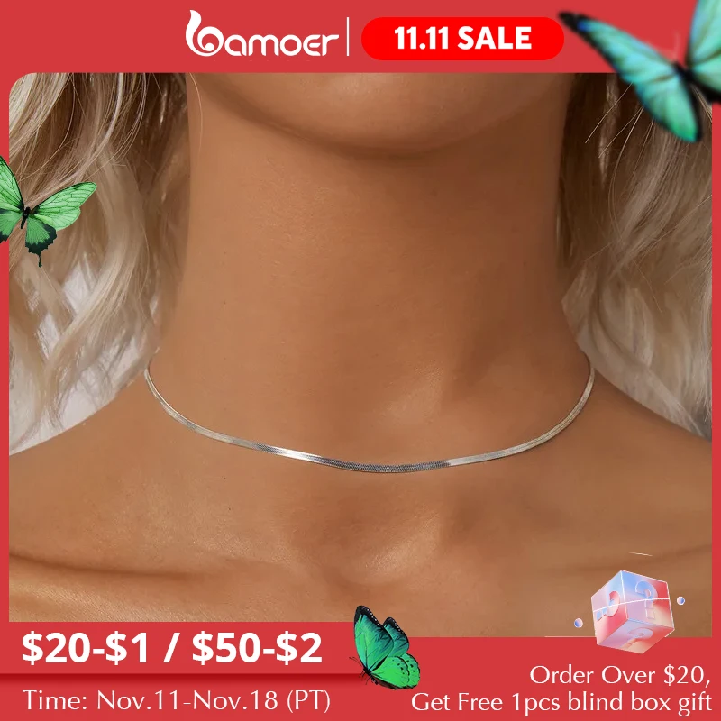 BAMOER White Gold Plated Dainty Choker Necklace for Women Girls, 925 Sterling Silver Snake Chain Necklace Fashion Jewelry for Gi