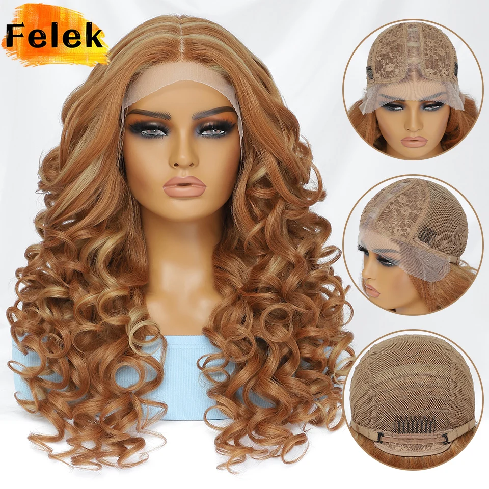 

Black Brown Highlight Lace Wig For Women 24 Inch Synthetic High Quality Pre Plucked Hairline Afro Wigs 13x5x1.5 T Part Curly Wig