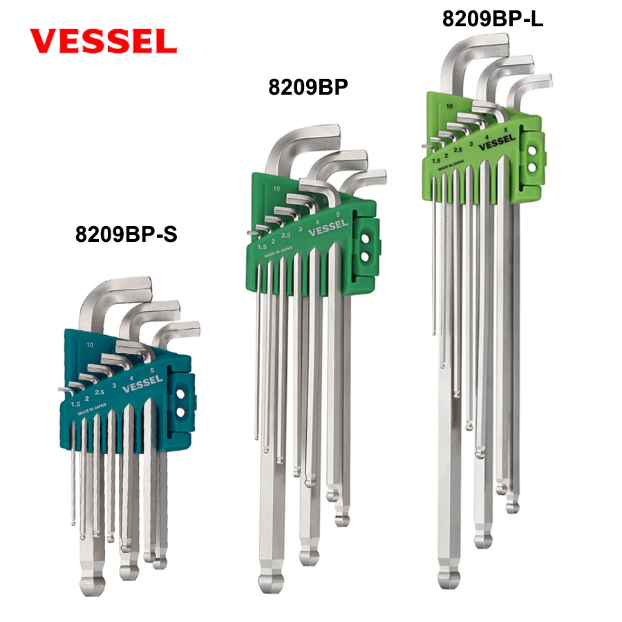 VESSEL 9PCS Ball Point Hex L-key Wrench Set Stubby Multifunction Bicycle Repair Tool 8209BP Series