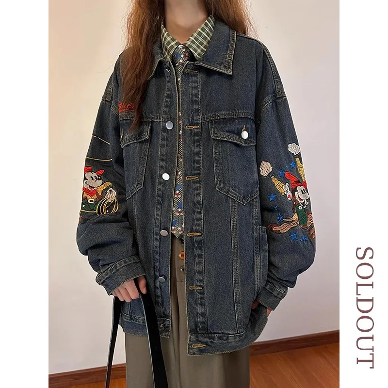 New American Style Vintage Cartoon Embroidered Single-breasted Denim Jacket Women\'s Clothes Autumn Loose Long-sleeve Jaqueta Top