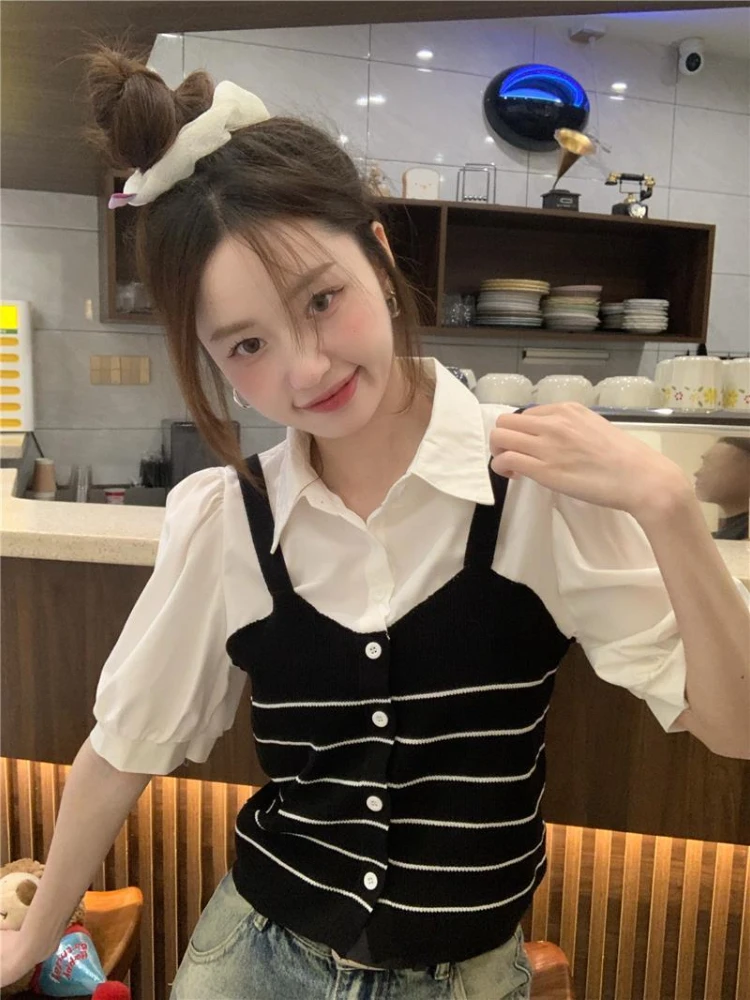 

2025 Summer Striped Knitted Pullover Women Vintage Lapel Contrast Color Loose Cropped Sweater Casual Short Sleeve Tops