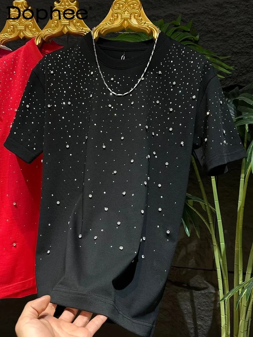 

2025 Summer New Heavy Industry Hot Diamond Rivet Short Sleeve Fashion Men Daily Trend Versatile Casual Loose Half Sleeve Men