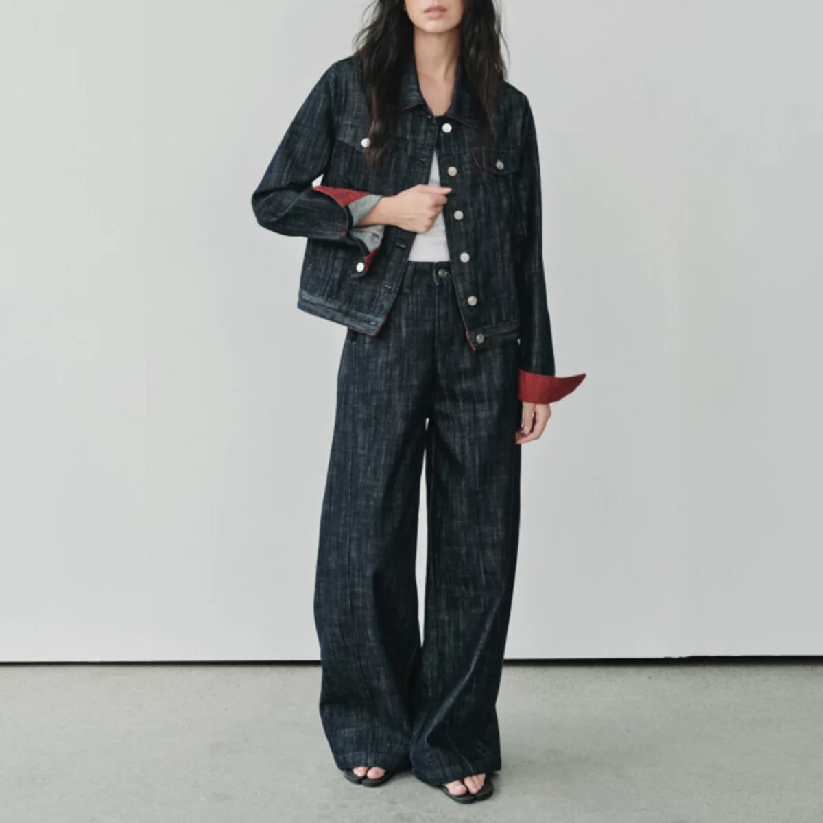 BJTZ 데님 싱글 브레스티드 라펠 재킷 투피스 세트 여성용 2025 봄 가을 신상 하이웨이스트 청바지