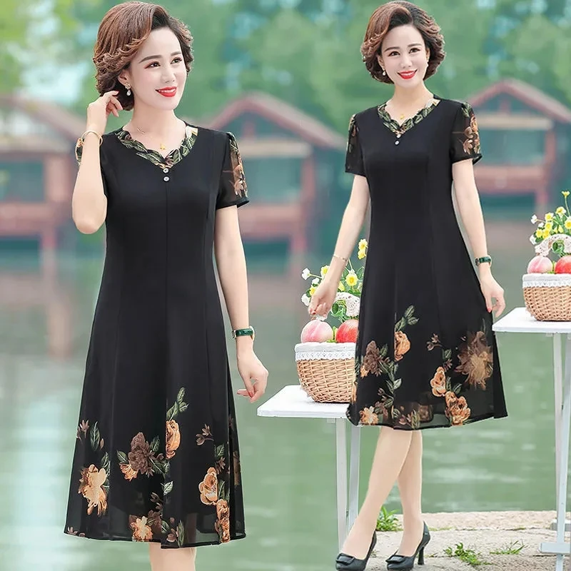 Middle Aged Elderly Mothers Chiffon Printing V-neck Dresses Middle Age Mom New Summer Attire Chiffon Printing V-neck Vestidos