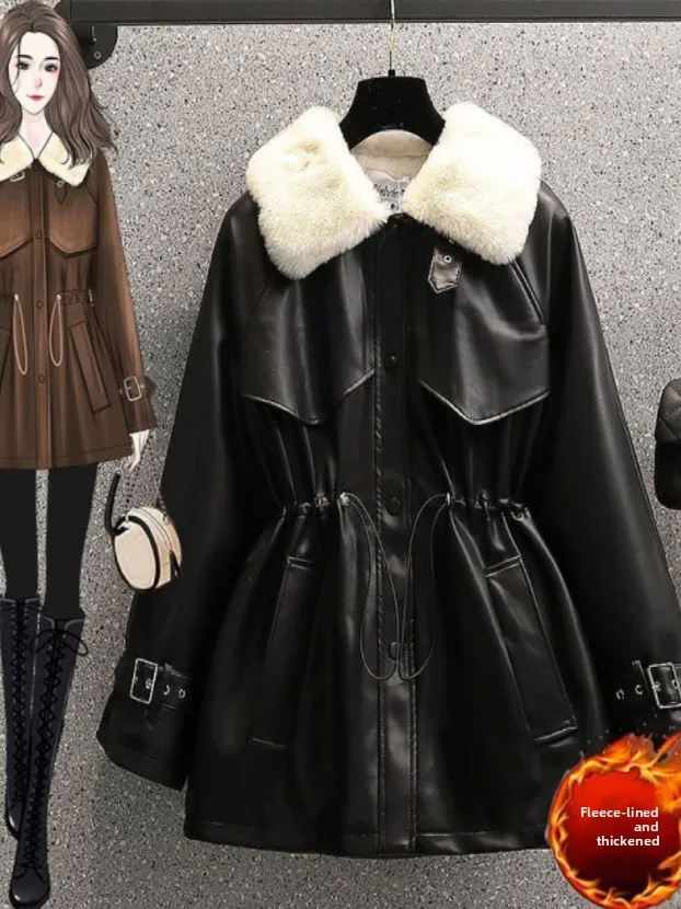 

Корейская модная зимняя кожаная куртка больших размеров для женщин с меховым воротником, мотоциклетная куртка, утепленная теплая верхняя одежда