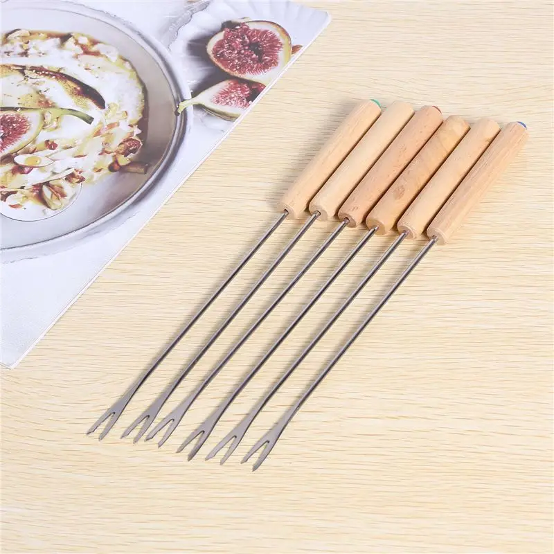 A02M-108X Stainless Steel Color Coding Chocolate Fountain Cheese Fondue Forks With Oak Wood Handle Heat Resistant,9.5Inch