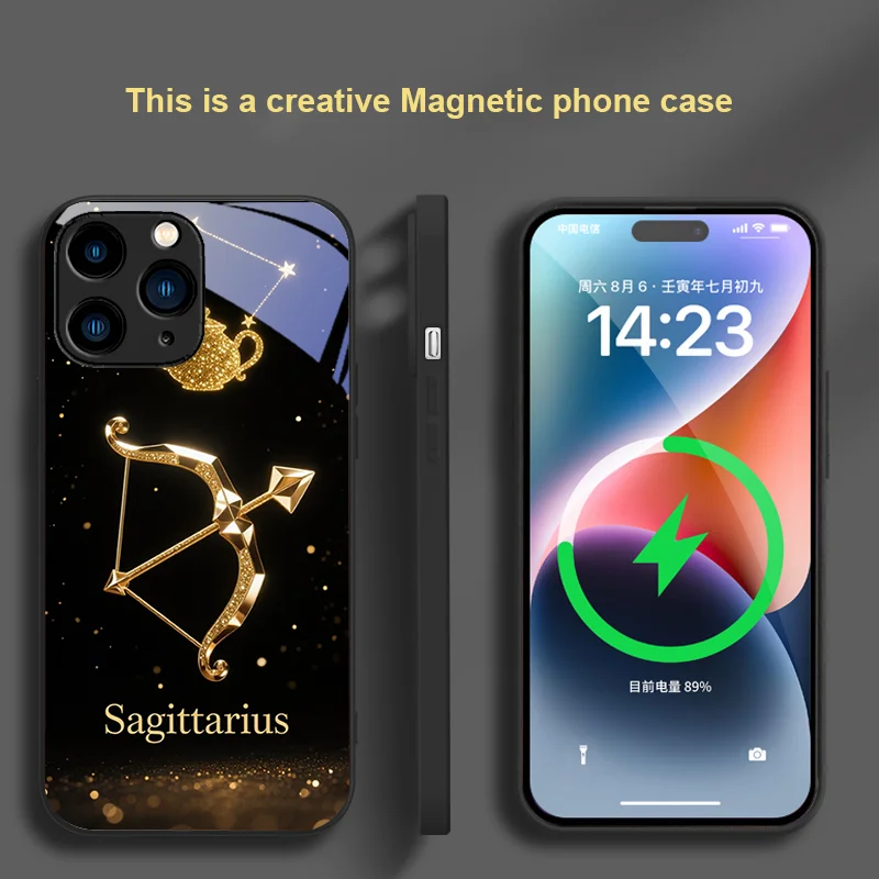 

For iPhone 11 X XR 13 14 Pro MAX 15 12 16 Magnetic Glass Phone Case Cancer Constellation Design Dustproof Protective Cover