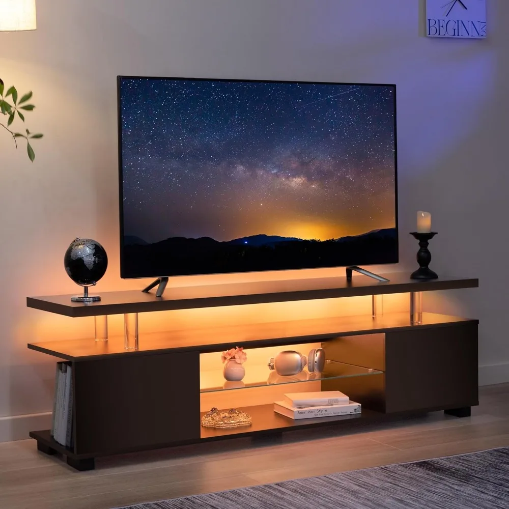 

Black TV Stand 65 inch,LED Stand for Living Room,Glass Entertainment Center Stand Console Tables for Living Room