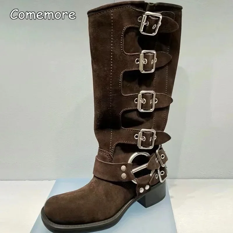 Comemore Chunky Heel Buckle Vintage Fashion Motorcycle Knee High Mid Calf Boots Shoes Leather New Platform Biker Boots for Women