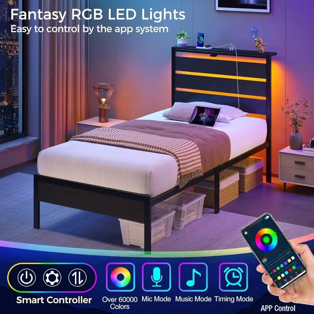 

Full-size bed frame, USB charging, wooden storage headboard, black metal platform bed, under-bed storage