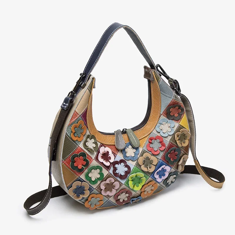 European and American hand color splicing diamond check flower handbag single shoulder crossbody armpit baotou layer cowhide