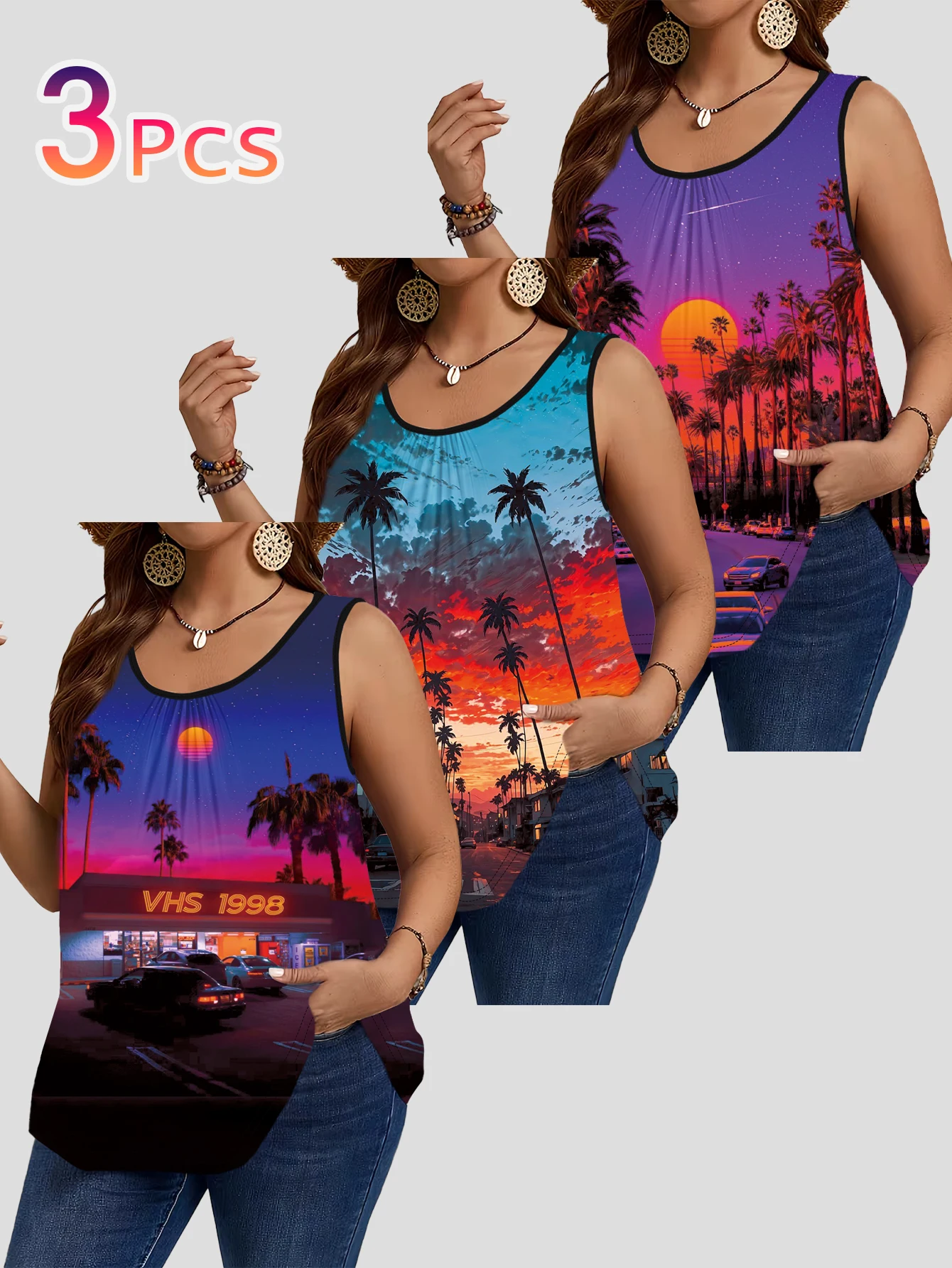 3-Piece Set of Plus-Size Sleeveless Vests｜Vintage Cyber Cyberpunk Palm Tree Sunset Highway Landscape Print Loose-Fitting, Flesh-Covering, Round-Neck Casual Outerwear Top