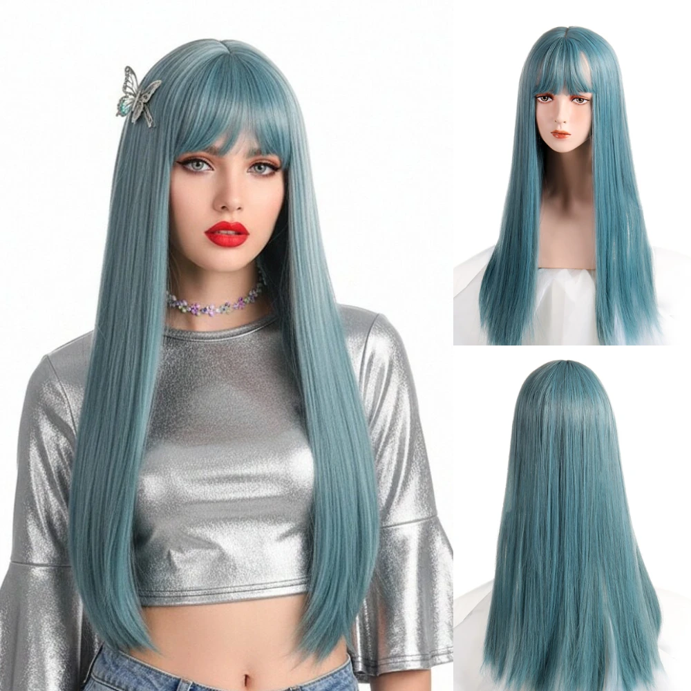 

Длинный прямой синий синтетический парик с челкой, термостойкий для женщин, повседневный косплей, вечеринка