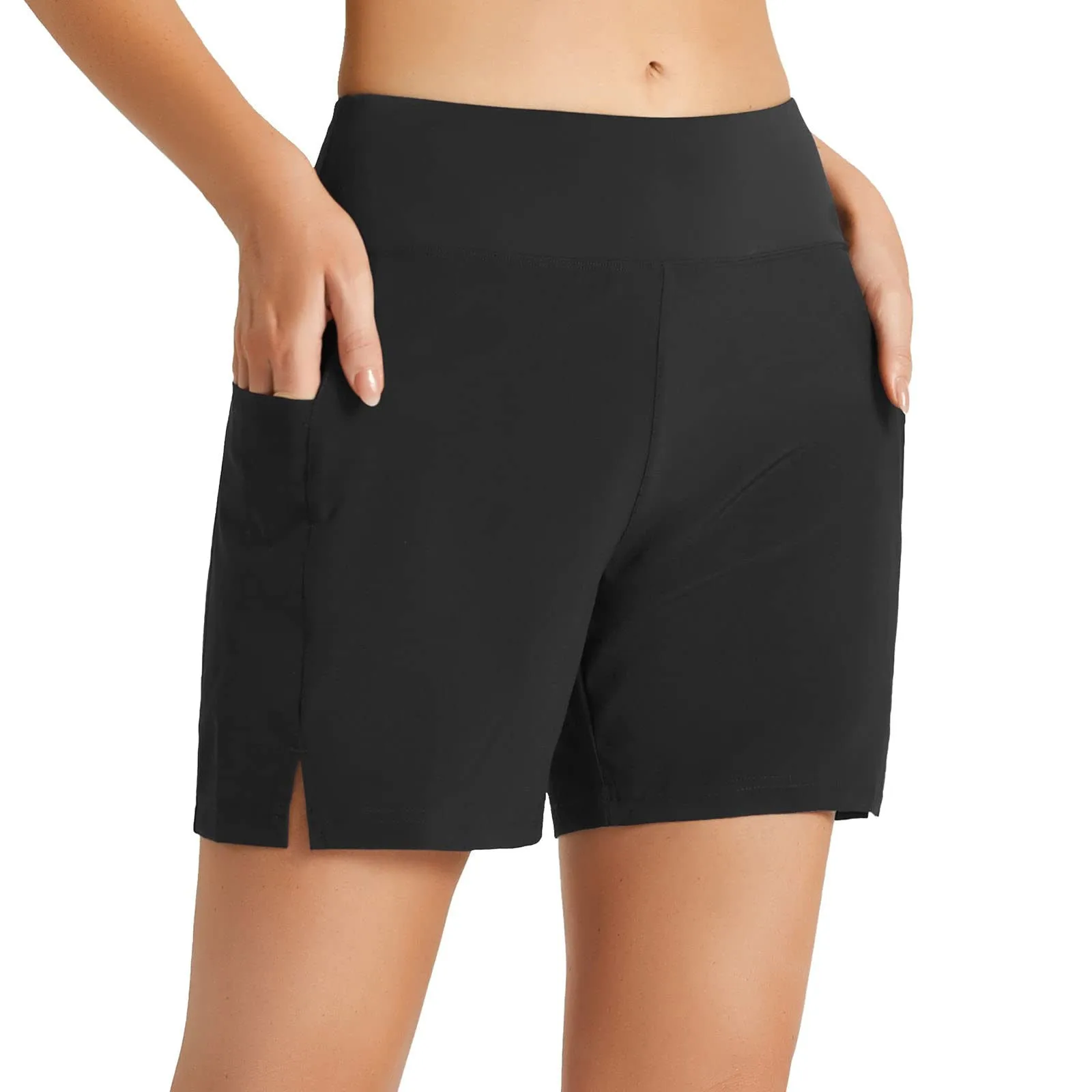 Effen Kleur Badmode Vrouwen Zwemmen Shorts Hoge Taille Badpak Pocket Bodems Trekkoord Badpak Tankini Side Slit Shorts P5