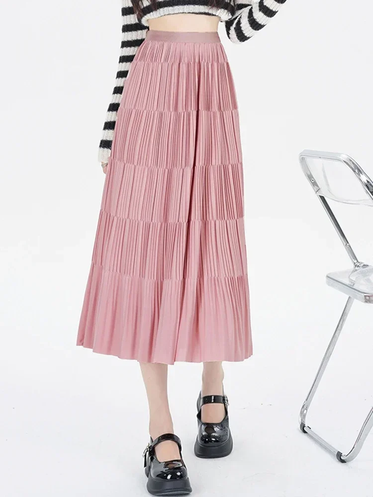 

Fashion Solid Color Loose Basic Simple A-Line Female Skirts Spring High Waist Pleated Slim Casual Pink Apricot Women Mini Skirt
