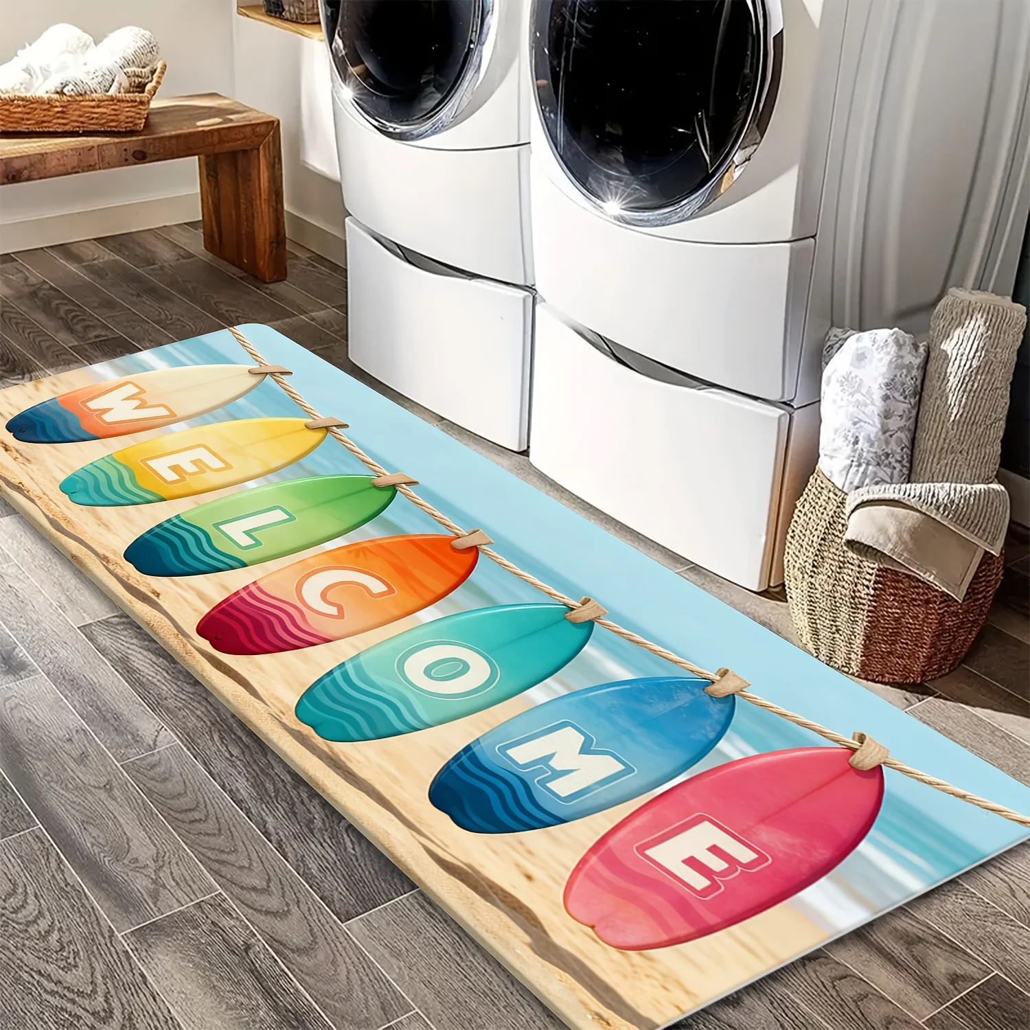 Beach Surfboard Welcome Runner Rug  Colorful Surf Board Ocean Sand Print Non Slip Laundry Entry Long Floor Mat