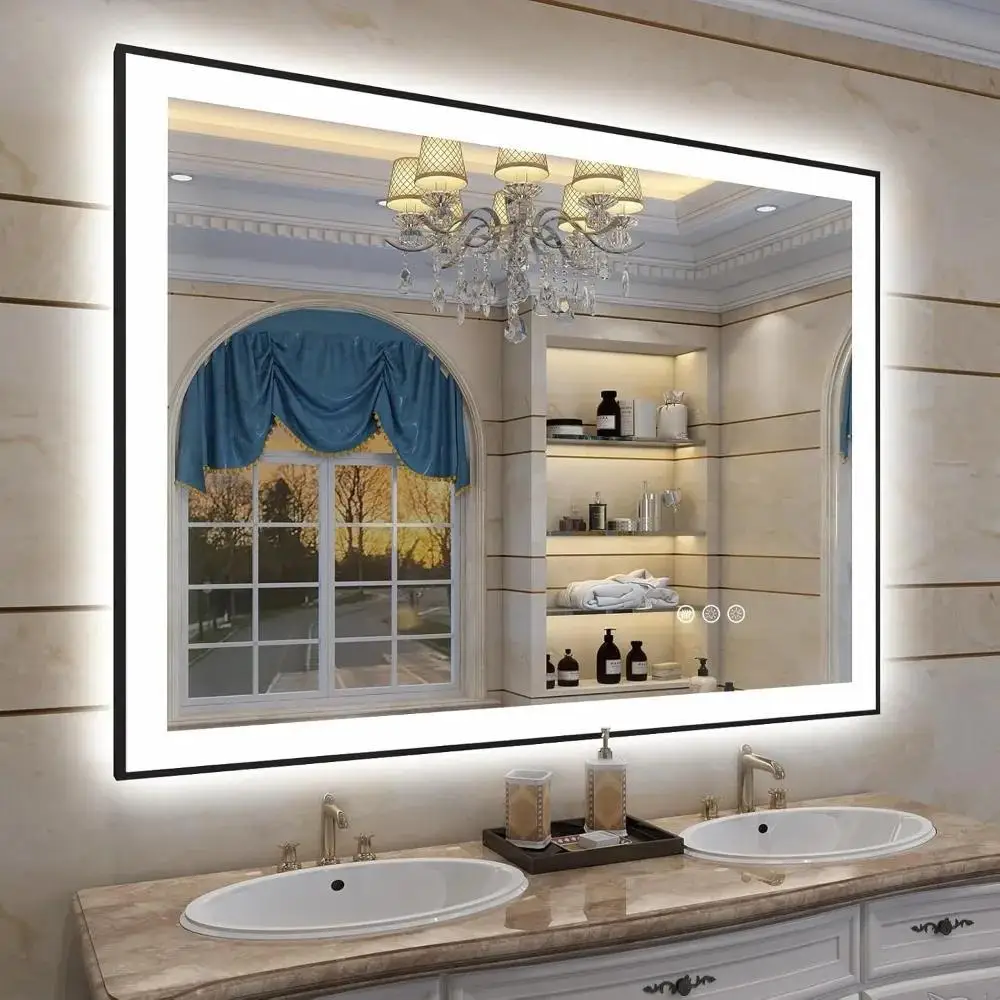 44x 36 Led Bathroom Mirrors with Black Trim, Lighted Vanity Mirrors for Wall, 3 Colors, Dimmable, Anti-Fog, Memory