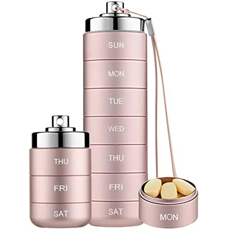 Metal Pill Organizer Weekly,Stackable Waterproof Travel Pill Box,Pill Case Container,7 Day Daily Medicine Organizer Pink