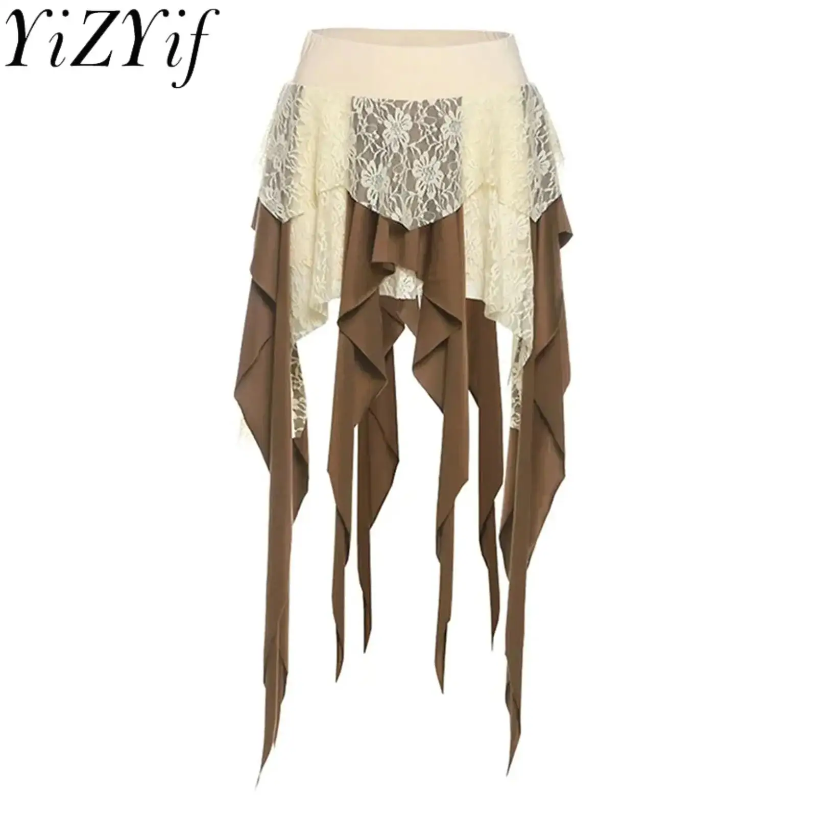 Falda Irregular Vintage para mujer, encaje Floral y volantes en cascada, falda con dobladillo escalonado para compras de fiesta de vaquera