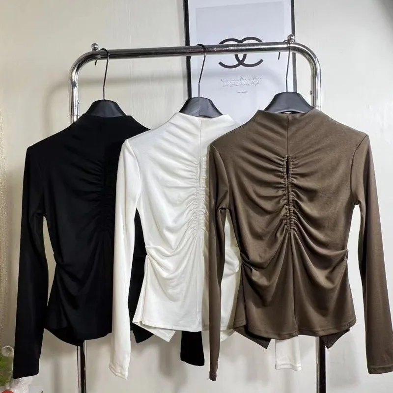 Autumn 2025 French Fashionable Front Slit Backless Long Sleeve Top for Women Half Turtleneck T-shirt Versatile Base Pullover