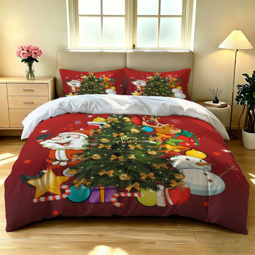 A set of 3 pieces (1 bedspread + 2 pillowcases) featuring Santa Claus, Christmas trees perfect for home decoration