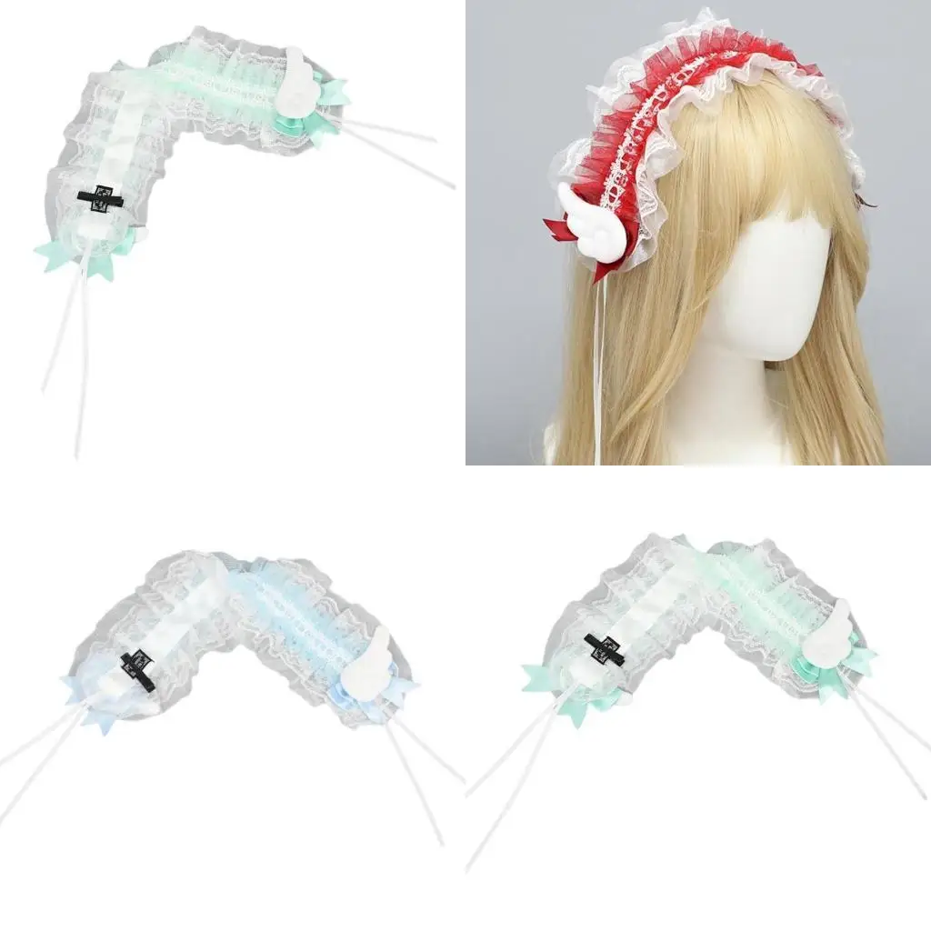 

P9FE Girl Wing Ruffled Lace Headbands Subculture Wing Ribbon Flouncing Headwear