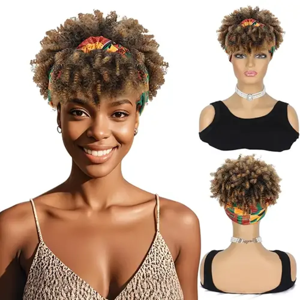 

Short Afro Kinky Curly Wigs with Bangs Wrap Headband Wigs 2 in 1 Synthetic Turban Wig Afro Scarf Wig Curly Cosplay Wig Daily Use