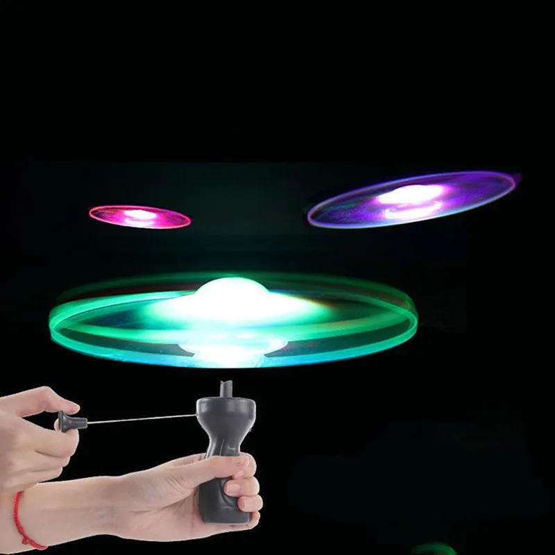 Kid Sports Pull Line Saucer Toys Children Outdoor Fun Rotating Flying Toy LED Light Processing Flash Flying Toy for Parks Beach