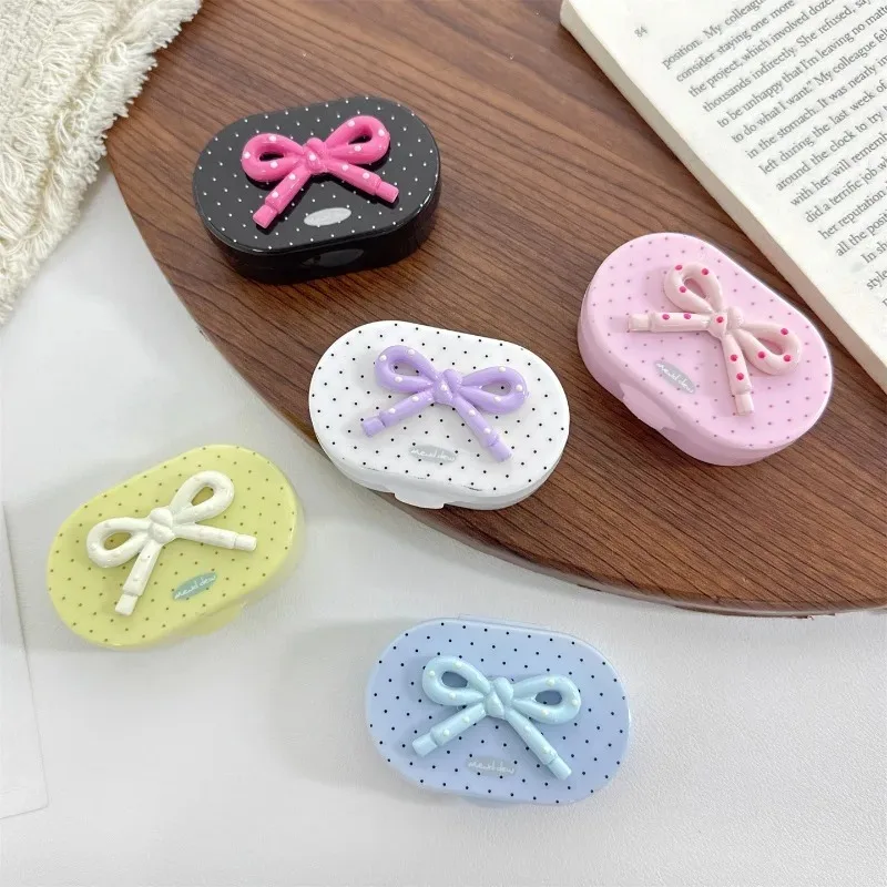 Sweet Bowknot Decor Dot Pattern Contact Lens Holder Lightweight Portable Daily Contact Lens Case For Girls