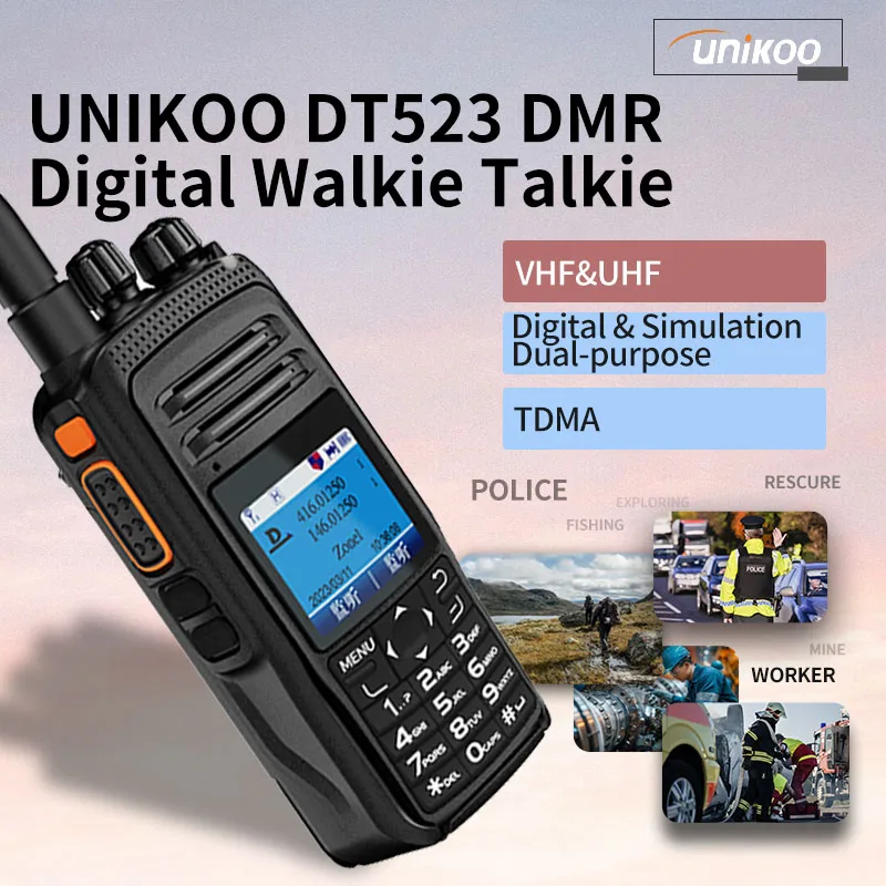 

UNIKOO DT-UV523 DMR Digital Walkie Talkie Dual Mode Analog Dual Time Slot Air Band 3000 Channels Ham Radio UHE VHE