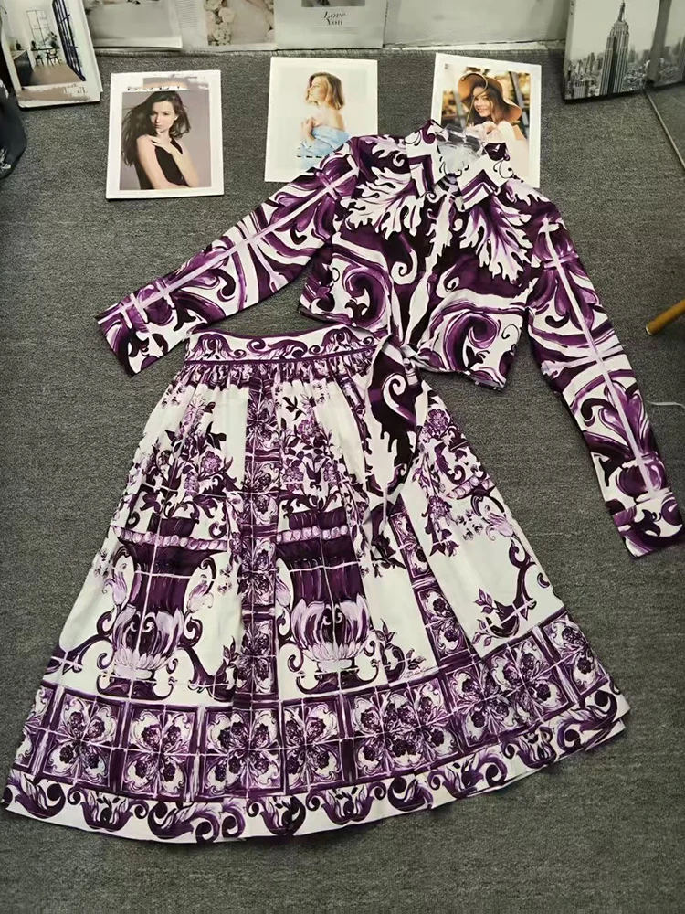 

Spring 2025 new fashion women's suit single-breasted purple print short shirt+high waist and big skirt temperament two-piece sui