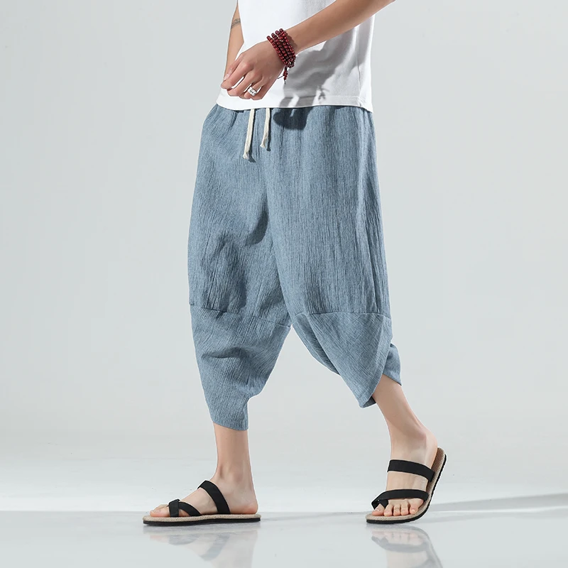 2023 Summer Harajuku Calf Length Casual Men\'s Pants Wide Leg Cotton Linen Harem Baggy Pants Fashion Men\'s Clothing