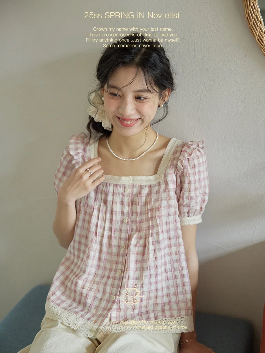

Nov Elist Pink Gingham Shirt Women's Summer Bubble Sleeve Square Collar Blouse with Bow Tie Floral Lace Detail Loose Fit Cott...