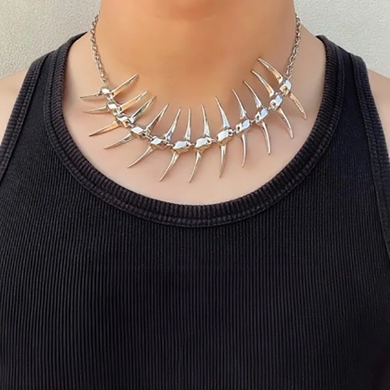 المبالغة الأصلي شوكة سبايك عظم السمك مخروط الهيب هوب قلادة قلادة للرجال النساء الأشواك سلسلة طويلة الشرير بيان مجوهرات
