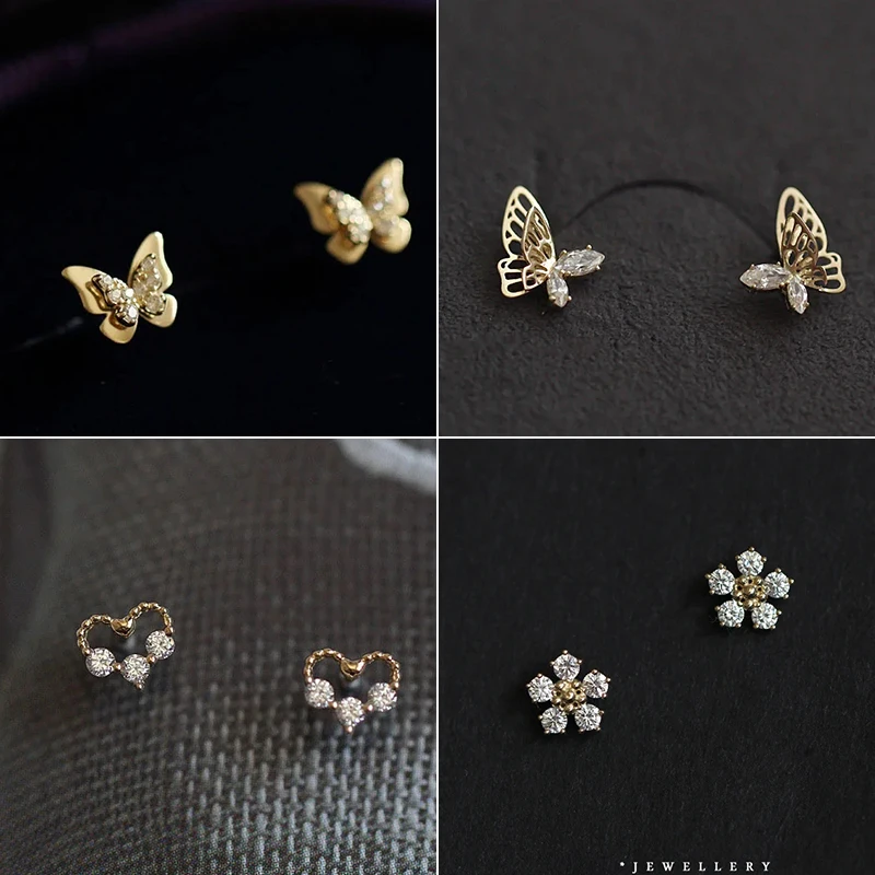 New Gold Color Zircon Heart Flower Hollow Butterfly Mini Stud Earrings for Women Trendy Party Jewelry Accessories Gift