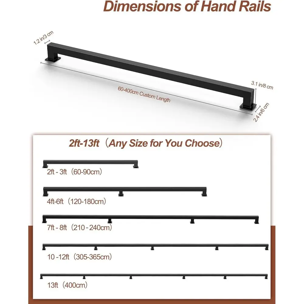 حاجز درج معدني صناعي أسود غير لامع، سعة تحميل 500 رطل، حامل على الحائط، غير قابل للانزلاق، 5 أقسام