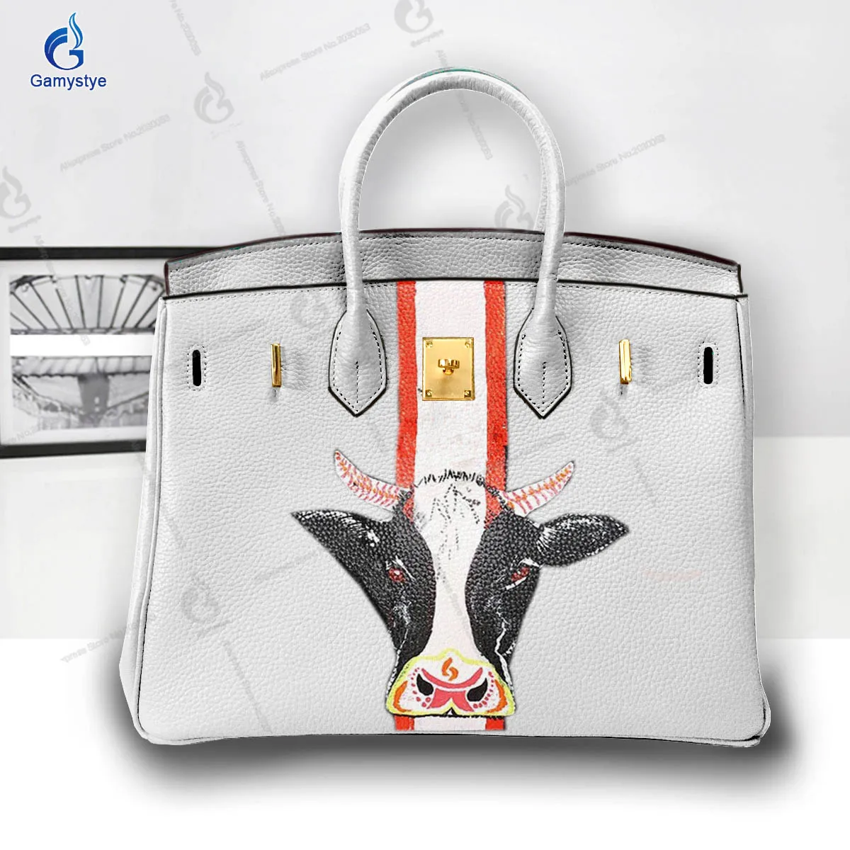 

Art Hand-Painting Cute Little Cow Customize Totes Designer Totes Women purses and handbags Cowhide Togo Leather National Style