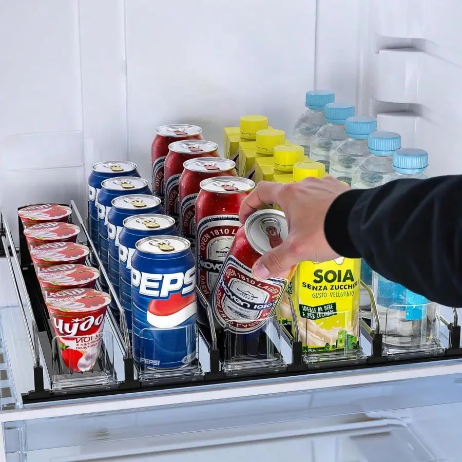 Soda Can Dispenser For Refrigerator Modern Self Pushing Drink Organizer For Fridge 5 Rows Width Adjustable Spring Loaded Beer Pop Can Water Bottle Holder Tray For Fridge Pantry Organization Housewarming Gift