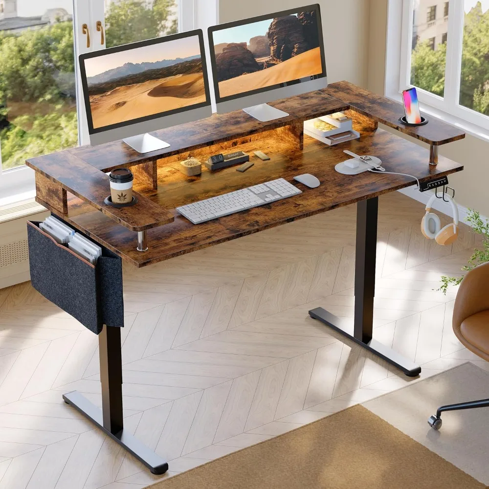 LED Electric Standing Desk Adjustable Height, 58x26 Inch Large Sit Stand Desk with Monitor Stand, Office Desks