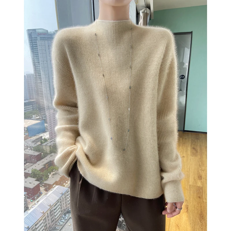 100%Wool Winter Tight Fitting Slim Fit Thickening Tops Pullovers Casual Womens Long Sleeve Keep Warm Knitting Ladies Sweater