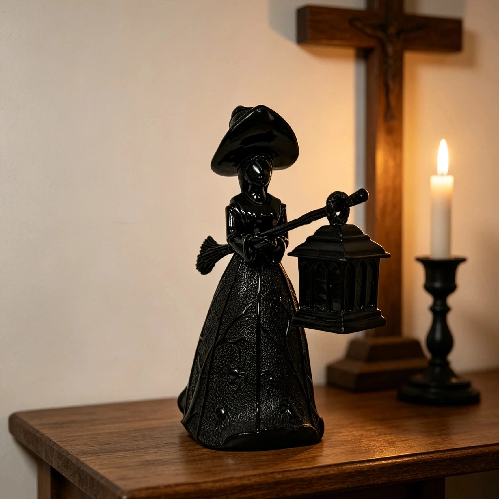 Black Lantern Witch-Shaped Resin Decorative Ornaments, Which Can Be Paired with the Same Series of Dark-Style Ornaments, Pumpkin Decorations, and Vintage Candlesticks to Form a Themed Display Set, Enhancing the Overall
