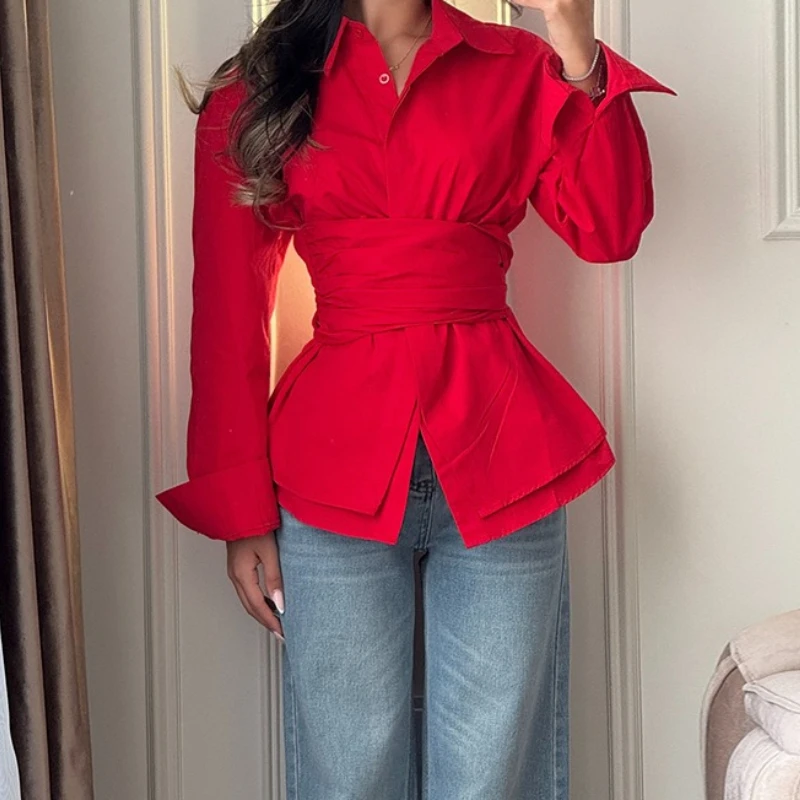

Women's 2026 Spring New Style Fashionable Waist Belt Solid Color Design Long Sleeve Shirt