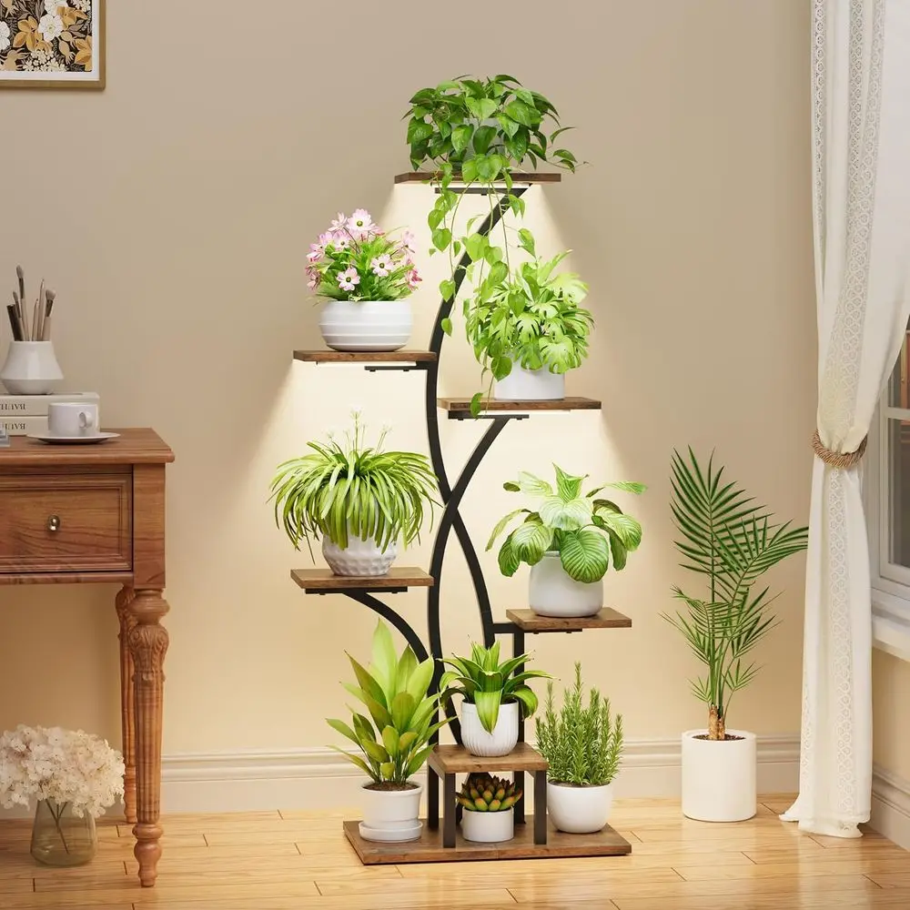 7-laags hoekplantenstandaard voor binnen met kweeklampen, bloemvormig rek voor woonkamer en terras