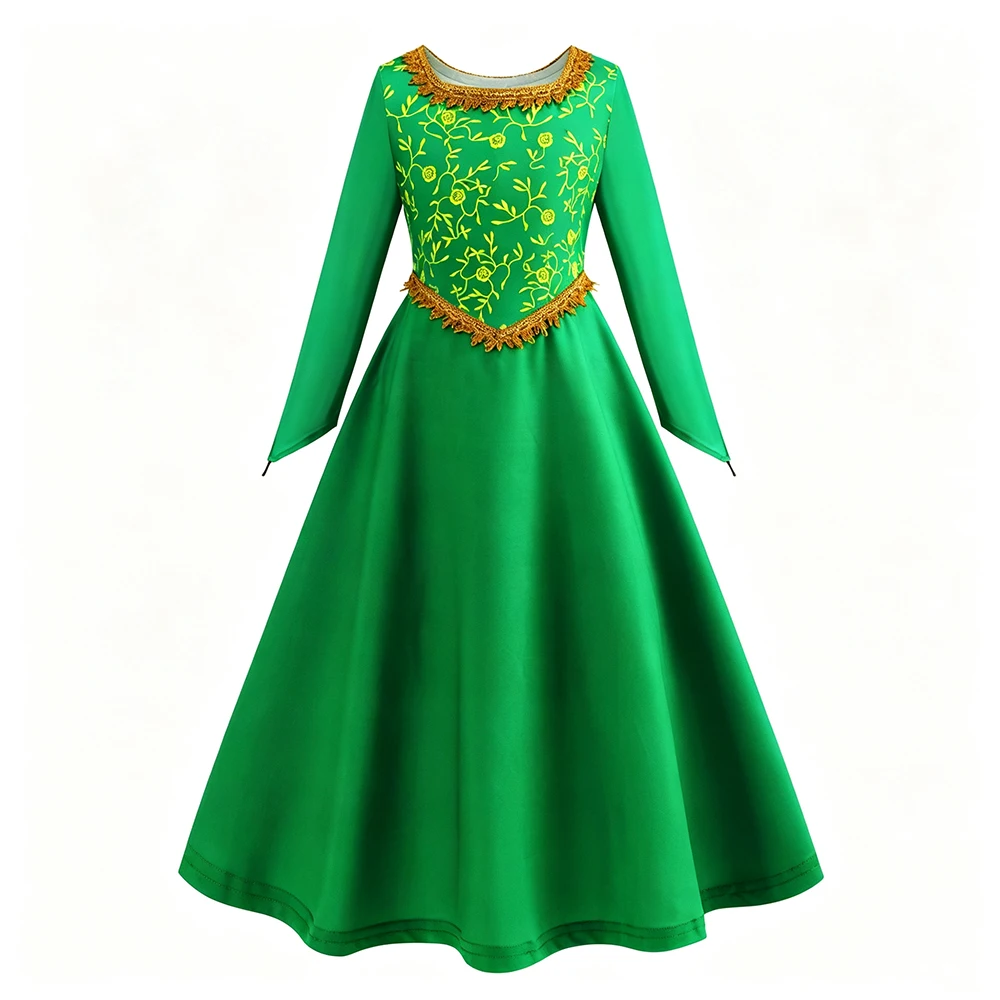 Shrek Kids Costume Fiona Green Princess Long Dress Costume Set with Crown Wig for Girls Halloween Party Cosplay Summer Outfit